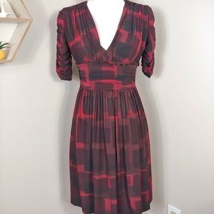 Burberry Red Check Plaid Ruched V-Neck Ruched Fit & Flare Dress